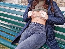 I flash my tits in public on a bench