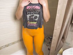 Asian Amateur In Tight Yoga Pants Gets Wet In The Shower